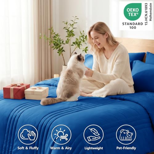 Image of CozyLux Queen Comforter Set Classic Blue - 7 Pieces Bed in a Bag, Modern Vertical Quilted Room Decor, Soft All-Season Bedding Gift with Comforter, Sheets, Pillowcases & Shams