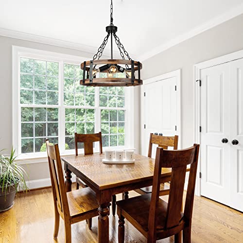 Voguad Farmhouse Rustic Wood Chandelier, 4-Light Industrial Drum Chandelier For Dining Room Vintage Pendant Hanging Light Fixture With Black Metal Accent For Kitchen Living Room Dining Area thumb #4