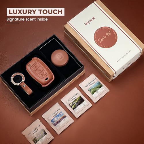 Image of Keyzone Premium Leather Key Cover & AC Vent Car Perfume Combo (4 Fragrances) | Compatible for Hyundai Venue, i20, Kona, Verna 2018 Onwards 3 Button flip Key. (Brown)