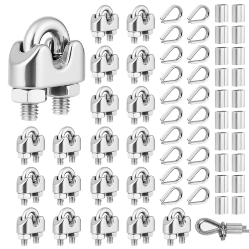 Flintronic 60PCS Wire Rope Clip, 20PCS M6 Wire Rope Cable Clip Clamps with 20PCS Wire Rope Crimping Loop Sleeves and 20PCS Wire Rope Thimbles, rope Grips for Awning Fixed Clothesline Tensioner