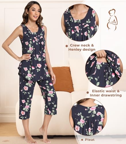 Image of NACHILA Pajamas for Women-Viscose Made from Bamboo, Sleeveless Pjs Top and Capri Pants Pajama Set Cool Pleated Sleepwear