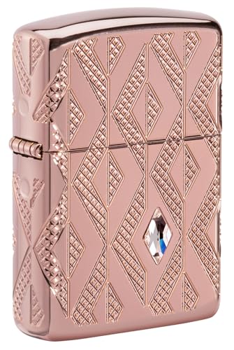 Zippo - Briquet Tempête Motif Géométrique À Diamants, Or Rose Poli, Impression MultiCut/Crystal Attached, Rechargeable, Réutilisable, Coupe-vent, Coffret...
