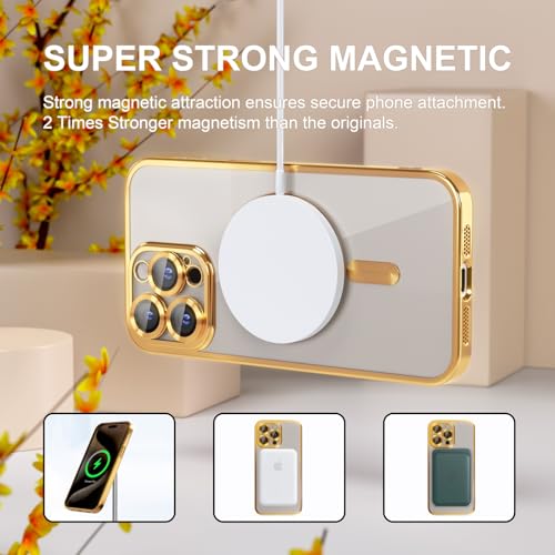 Image of Misea Magnetic for iPhone 15 Pro Max Case Compatible with MagSafe Gold | [Never Yellowing] [Military Drop Protection] Full Camera Lens Protector Plating Soft Clear Phone Case for Women, Gold