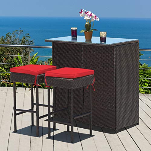 image for Tangkula Patio Bar Set, 3 Piece Outdoor Rattan Wicker Bar Set with 2 C
