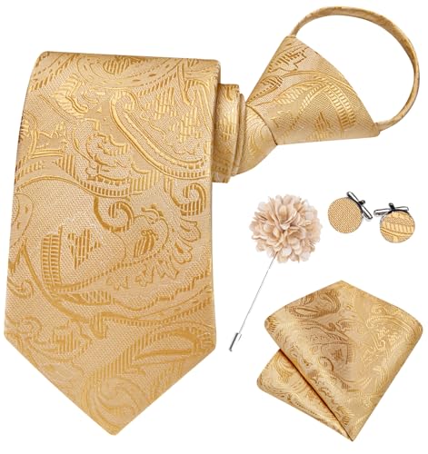 Image of Hi-Tie Gold Zipper Ties for Men Floral Adjustable Pre-Tied Necktie Lapel Pin Pocket Square Cufflinks Set