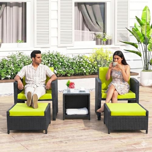 Image of DEVOKO Valencia Outdoor 5 Piece All Weather Rattan Wicker Patio Sofa Set with Water Resistant Cushioned Chairs with Glass Top Table & Ottomans for Garden, Pool, Porch, Backyard (Black & Light Green)