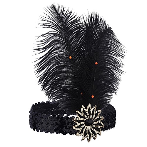 BABEYOND 1920s Flapper Headband Roaring 20s Sequined Showgirl Headpiece Great Gatsby Headband with Feather Black