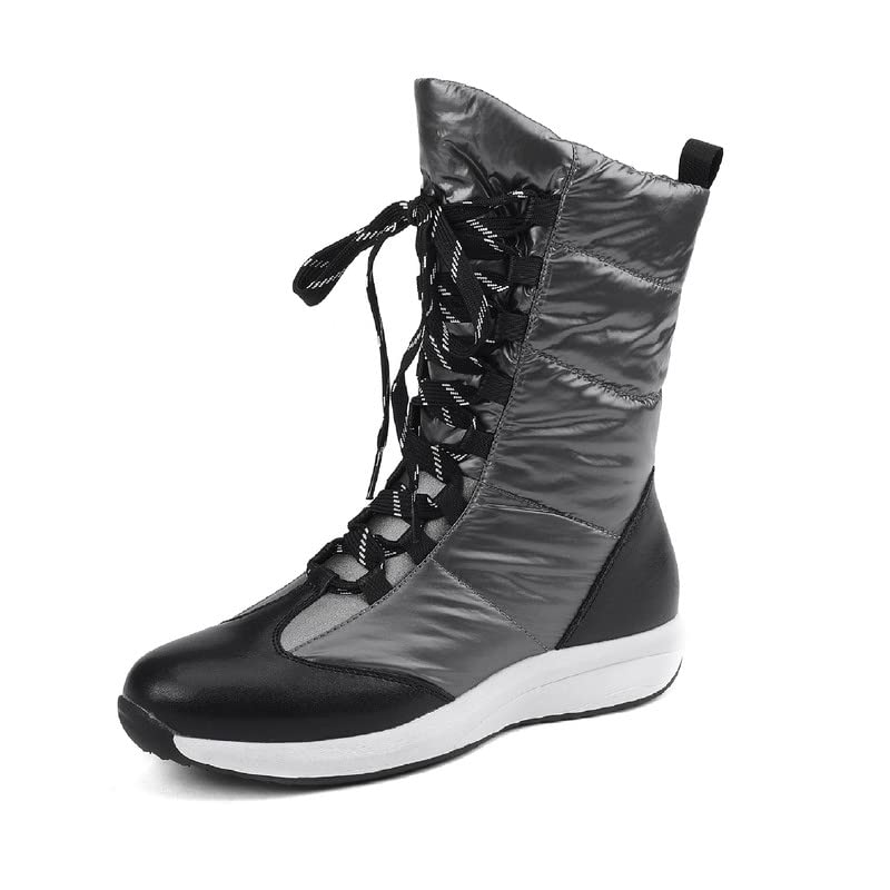 JIEEME Leather + Space Cotton Women's Snow Ankle Boots Round Toe Zip Lace Flat with Handmade Short Shaft Warm Boots zhx-125a1, gray, 5.5 UK