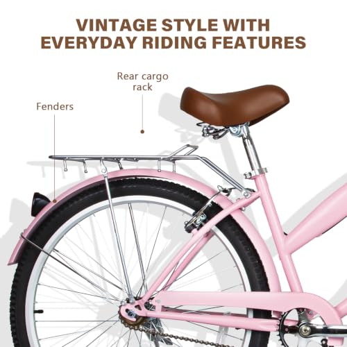 Image of WEIZE Beach Cruiser Bike, 24 26 inch Commuter Bicycle for Adult Men and Women, Front & Rear Fenders, Comfortable City Bikes with Rear Rack&Basket, Ergonomic Upright Design