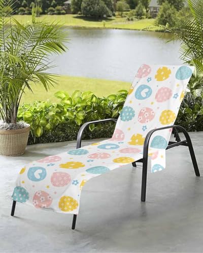 Easter Eggs Beach Chair Towel Covers for Chaise Lounge with Side Pocket, Soft Plush Pool Towels Cover for Patio Sunbathing Outdoor 29''x85'' Colorful Flowers Hearts Stars Minimalist White