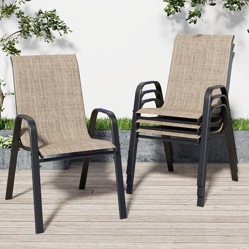 Vimstora Patio Chairs Set of 4, Stackable Outdoor Dining Chairs for All Weather Textilene Fabric & Metal Frame, Outdoor Chairs Set for Backyard Deck Garden (Brown, Set of 4)
