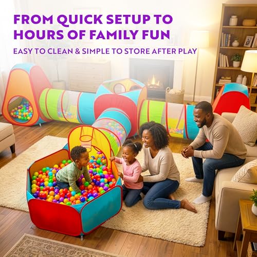Image of Playz 7pc Kids pop up Play Tent, Crawl Tunnel & Ball Pit for Toddlers | Collapsible Baby Ball Pit & Crawling Tunnel, Kids' play tents & tunnels indoor playset /playhouse /playground for ages 3+