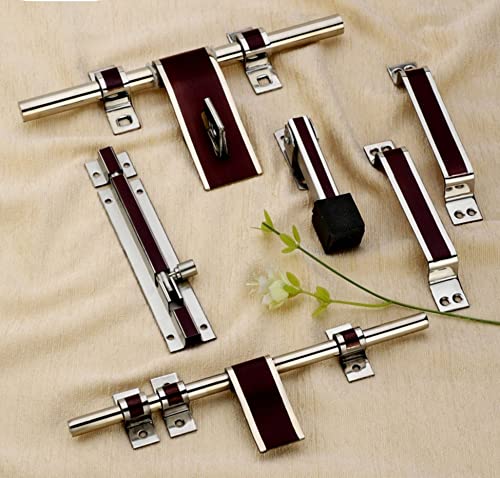 Image of TASA Stainless Steel Heavy Single Door Fitting Accessories Full Set /Kit (1 Aldrop, 1 Latch, 2 Handles, 1 Tower Bolt and 1 Door Stopper) (Wine Mirror)