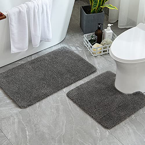 MIULEE Badematte Duschvorleger Badvorleger Flur 2er Set rutschfest Matte Teppiche Badteppich Badezimmerteppich Waschbar Saugfähig für Bad Wohnzimmer 40x60 cm und 45x45 cm mit Ausschnitt Grau – Bild 3