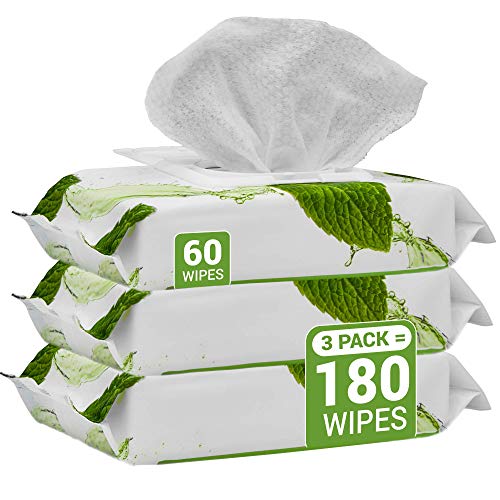 Herb & Luxe Face Wipes, Flip-Top Makeup Remover Facial Cleansing Wipes with Aloe Vera for Sensitive, Oily, dry Skin, Face/Hands/Body, Women/Men, 60 Count, Mint (Pack of 3 = 180 Wipes)