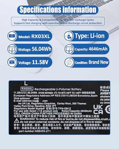 Image of 56.04Wh RX03XL N70706-005 Battery for HP EliteBook 640 645 630 660 G11 & ProBook 440 445 460 465 G11 Series Notebook-Compatible with N78704-005 HSTNN-WB0H TPN-DB1Z - 11.58V 4646mAh Replacement
