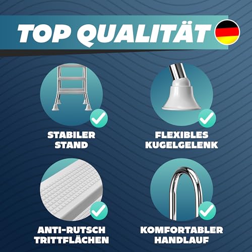 poolomio® Poolleiter Edelstahl mit Handlauf bis 132 cm | Einstiegsleiter mit 4 Stufen für Aufstellpools bis 1,32 m Höhe | sicherer Einstieg, langlebig, stabil | Sicherheitsleiter Traglast 150 kg