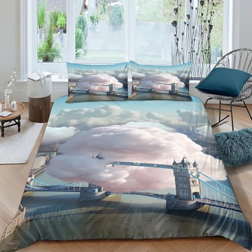 London Bridge Housse de Couette Imprimé en 3D Microfibre résistante 3 pièces Fantaisie Cityscape Art Parure de Lit avec Fermeture Éclair Super Douce for Adulte...