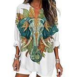 Xernbit Japanese Geisha Graphic Shirt Womens Blouse Summer Casual Long Sleeve V Neck Tops Fall Floral Print T-Shirts Loose Retro Pullover Asian Elephant M