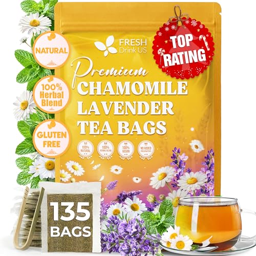Image of FreshDrinkUS, Premium 135 Chamomile Lavender Tea Bags, 100% Natural Herbal Ingredients, Hand-made Blend of Chamomile Lavender Flowers, Eco-conscious Tea Bags. No Sugar, No Caffeine, No Gluten, Vegan