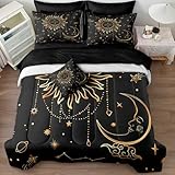 Sun and Moon Bedding Comforter Black Gold Comforter Set Boho Hippie Sun Moon Pattern Bohemian Gothic Comforter Sets King 1 Comforter 2 Pillowcase 1 Cushion Cover (King, Sun and Moon)