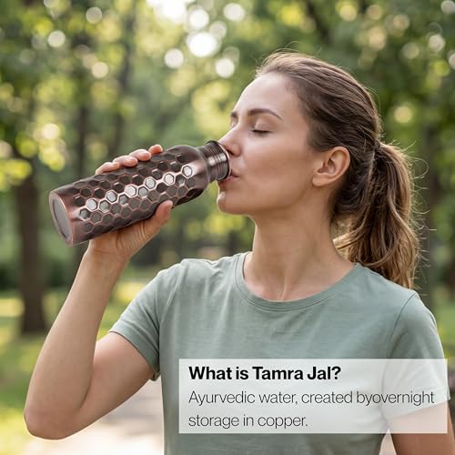 Image of Copper Water Bottle Pure, Copper Drinking Bottle Honeycomb, 32 oz Antique | 100% Pure Copper, Antique Honeycomb Cut Finish, Leak-Proof Cap, Ayurvedic use, Includes Cleaning Brush