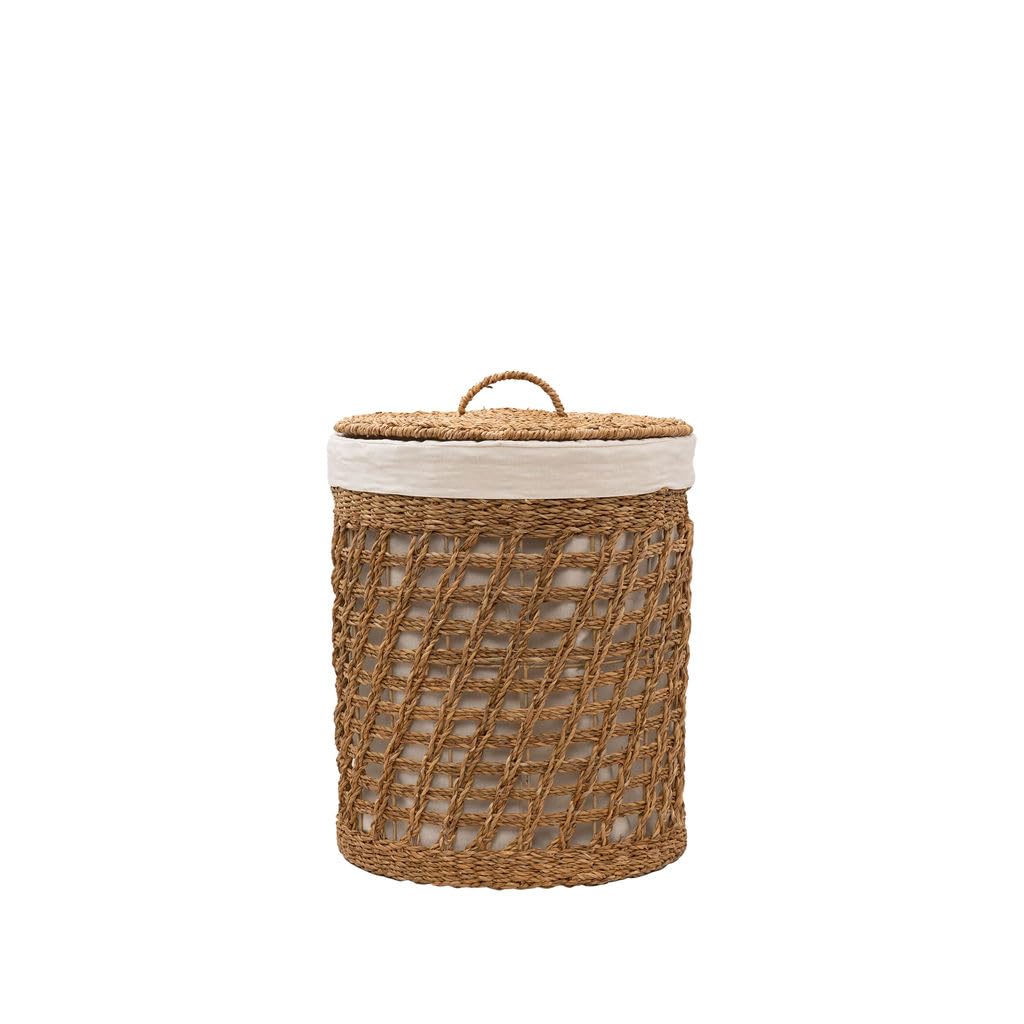 Arthur Cameron - Padma Handwoven Seagrass Laundry Basket with Lid – Stylish Laundry Hamper with Lid and Removable Cotton Liner – Oval Woven Laundry Storage perfect for Bedroom, Bathroom (Large)