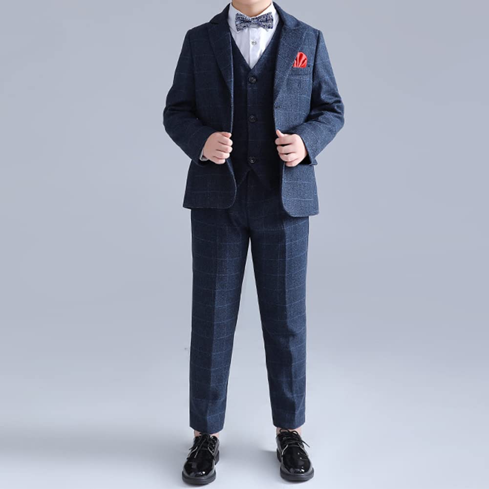 GUOCU Conjunto de Esmoquin Niños,Trajes para Niños para Boda Ceremonia,Talla Grande Trajes Azul a Cuadros+Chaleco+Camisa+Pantalón+Pajarita,Traje de Caballero Infantil Traje Formal de Bautizo