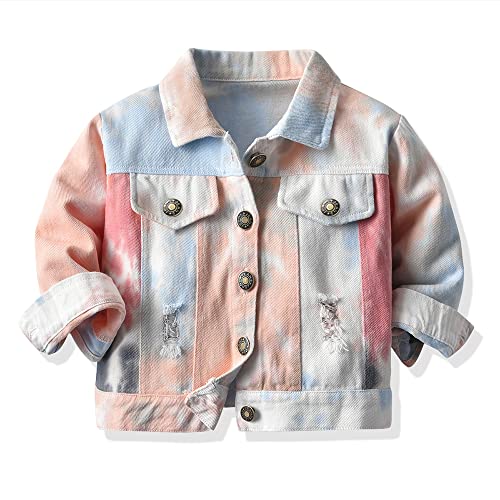 Meufam Toddler Baby Boy Girl Tie Dye Long Sleeve Denim Jacket Ripped Button Down Jean Jacket Coat Spring Fall Outerwear