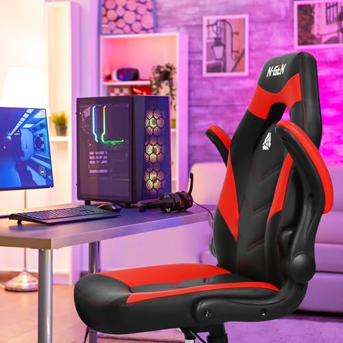 Image of N-GEN Video Gaming Chair Ergonomic Computer Desk Office Chair with Lumbar Support Adjustable Height Swivel Wheels Flip-Up Arms PU Leather Home and Office (Classic Red)