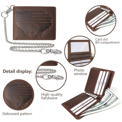 boshiho Men's Wallet With Chain – Distressed Genuine Leather RFID Blocking Biker Wallet with 12 Card Slots & Anti-Theft Chain - Gift for Harley Riders, Dad, Husband (Vintage Cowhide)3