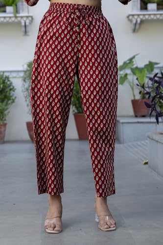 Image of GULMOHAR JAIPUR Women's Cotton Calf Length Printed Flared Kurta Palazzo and Dupatta Set