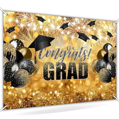 Avezano Congrats Grad Backdrop Black Gold Glitter Graduation Party Decorations Photography Background Class of 2024 Celebration Prom Party Photoshoot Photobooth (7x5ft)