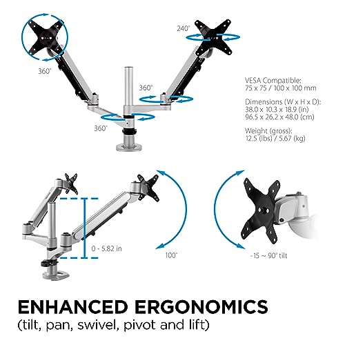 Image of ViewSonic LCD-DMA-002 Spring-Loaded Monitor Desk Mounting Arm for 2 Monitors up to 27 Inches Each, VESA Compatible, Full Ergonomic Adjustability, 2-in-1 Mounting Base, and Built-in Cable Management