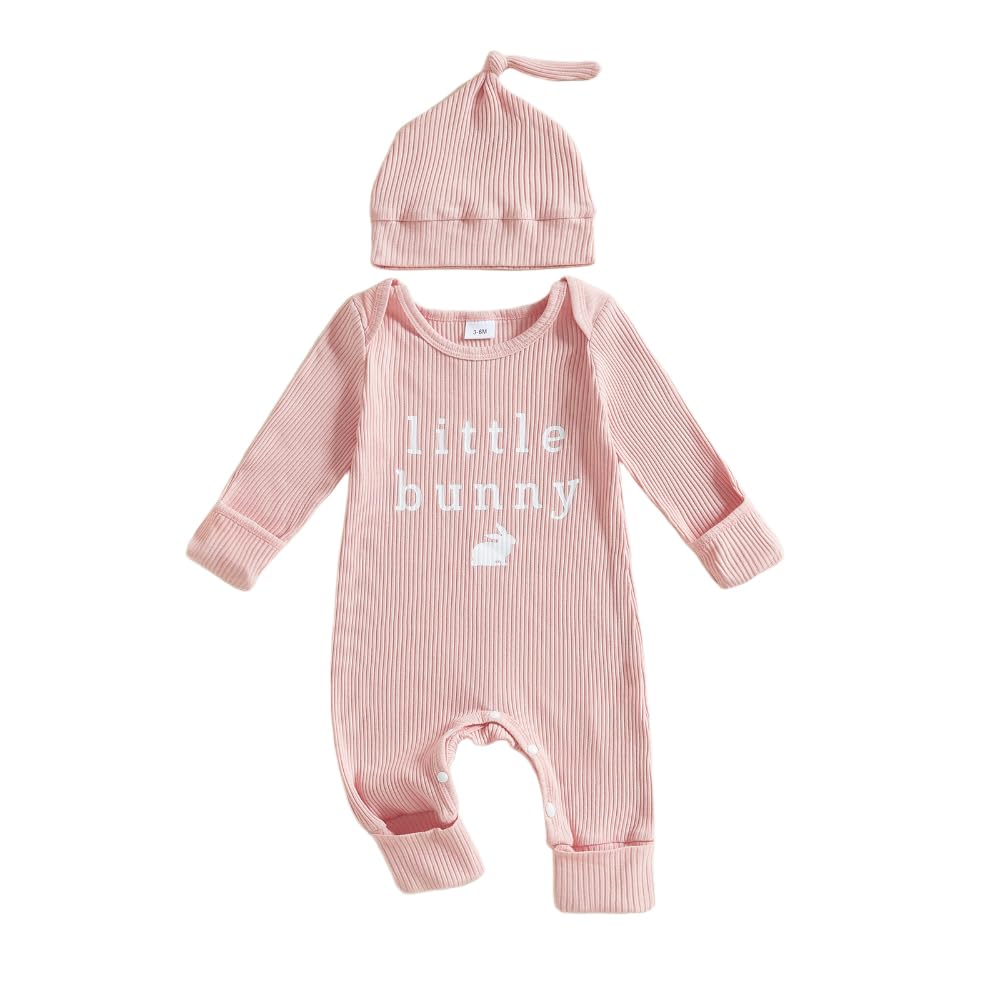 NEVUQO Newborn Baby Girl Easter Day Outfit Little Bunny Rib Knit Romper Jumpsuit Cute Infant Rabbit One-piece Clothes (Pink, Newborn)