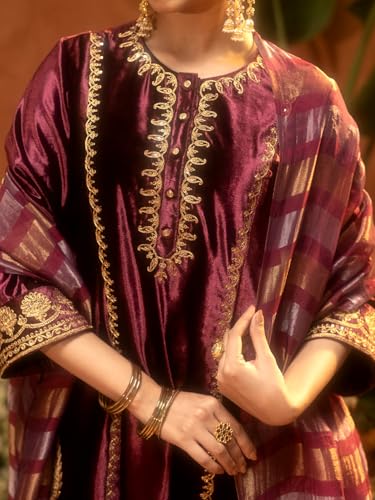 Image of FIORRA Women Wine Ice Velvet Embroidered Kurta Set with Dupatta
