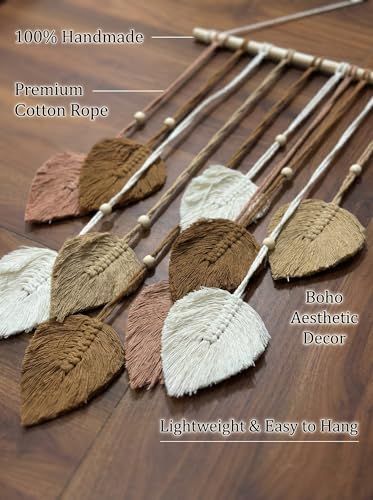 Image of JH Gallery Macrame Leaf Hanging, Boho Tapestry with Wooden Beads for Bedroom, Living Room, Balcony and Home Decor, Boho Chic Accent for Office Decor(Brown & White)