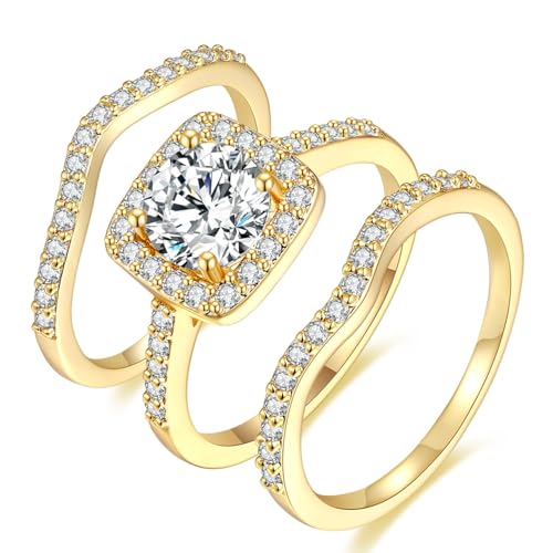 MDFUN 18K Yellow Gold Plated Cubic Zirconia Three-in-One Halo Wedding Engagement Promise Eternity...
