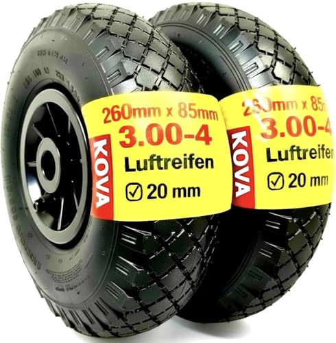KOVA 2X Sackkarrenrad LUFTBEREIFT 3.00-4 260x85mm Nabe Ø20×75 Reifen mit Schlauch & Rad Sackkarre Bollerwagen Luftreifen Ersatzrad Sackkarren Räder Rollenlager Luftrad Winkelventil Schw/Schw L