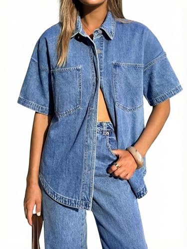 EMMIOL Button Down Shirts for Women - Short Sleeve Oversized Denim Shirts Business Casual Work Jean Tops Summer Clothes Dark Blue S