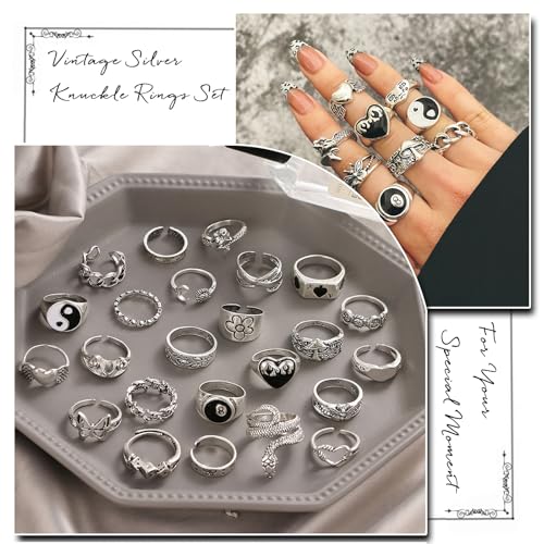 Image of IFKM Vintage Silver Knuckle Rings Set for Women, Stackable Joint Finger Statement Rings Bohemian Retro Hollow Carved Midi Rings, Boho Halloween Skeleton Skull Snake Heart Chunky Stacking Rings Pack