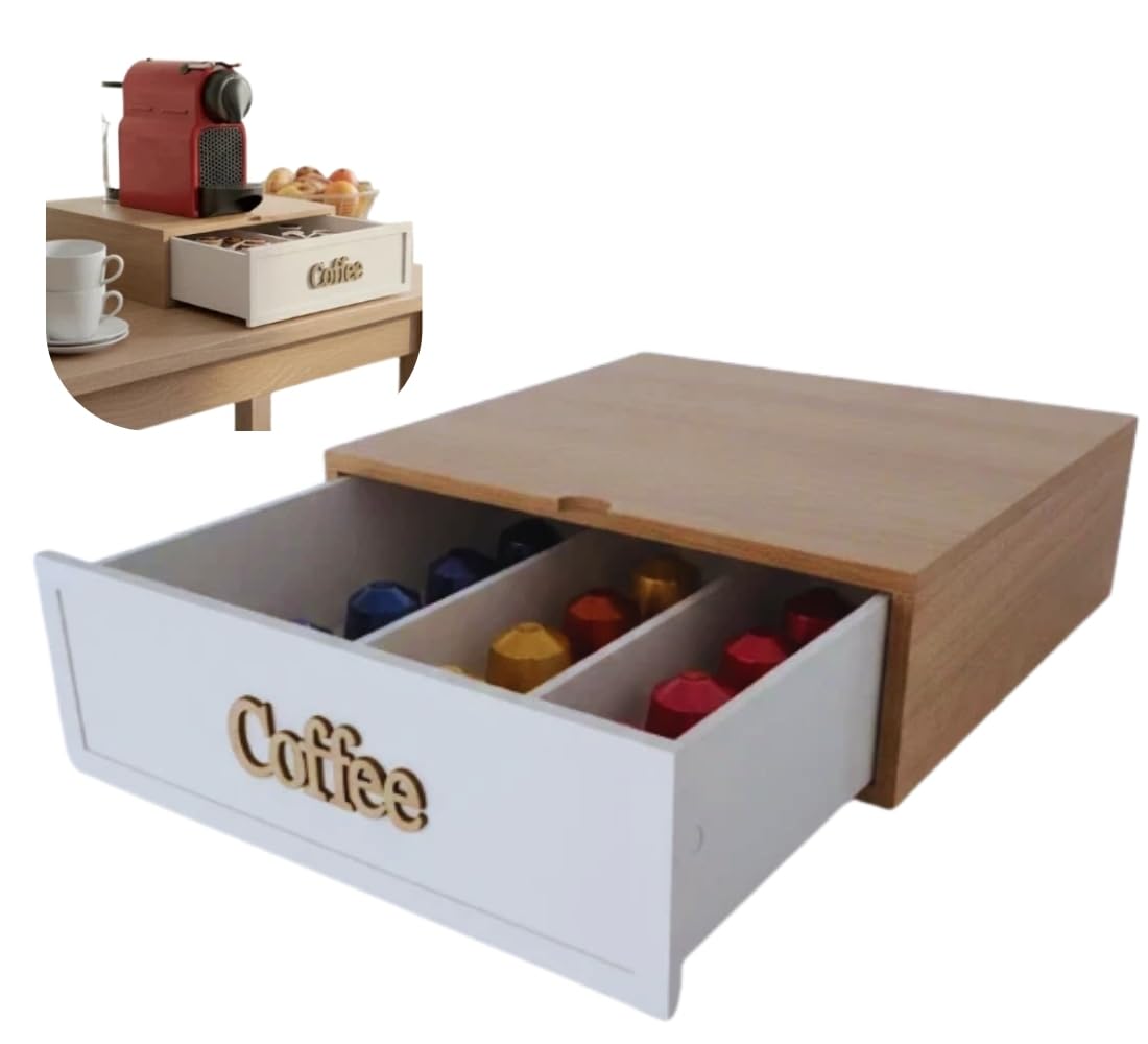 Cassetto in Legno Portacapsule - Cialde, Caffe, Zucchero, Organizer per Ufficio Casa - Contenitore in Legno 3 Scomparti per Cialde Capsule Caffe, 30 x 30 x 10 cm
