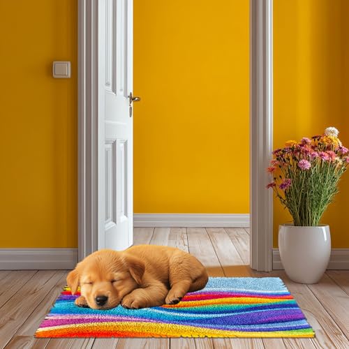 Image of DIY Latch Hook Kit Rug for Adults Rainbow Waves Graphic Pre-Printed Handmade Carpet Crochet Yarn Craft Hook and Latch Door Mat Tapestry Home Floor Decor 52x38cm-2