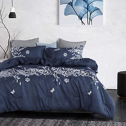 Wake In Cloud - Navy Blue Comforter Set, Gray Floral and Tree Leaves Pattern Printed, Soft Microfiber Bedding (3pcs, Queen Size) Wake In Cloud - Navy Blue Comforter Set, Gray Floral and Tree Leaves Pattern Printed, Soft Microfiber Bedding (3pcs, Queen Size)