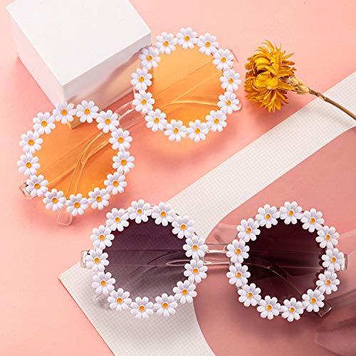 2 Pairs Daisy Flower Sunglasses for Women Round Flower Glasses for Adult kids Decor with Glasses Cloth Flannel Bag3