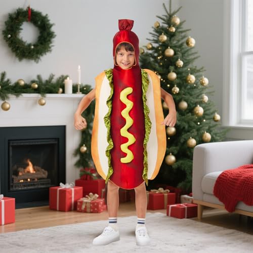 Joyincoser 3D Hotdog Kostüm Kinder Herren Maskottchen Hotdog Einteilig Essen Brötchen mit Würstchen Kostüm Für Halloween Cosplay Karneval