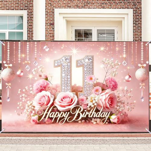 Image of Nuxovilar 11th Birthday Banner - Elegant Pink & Gold Floral Backdrop | with Glitter inch11 inch Sign, 71x43 Inch Large Party Decor for Women & Men, Reusable Indoor /Outdoor Hanging