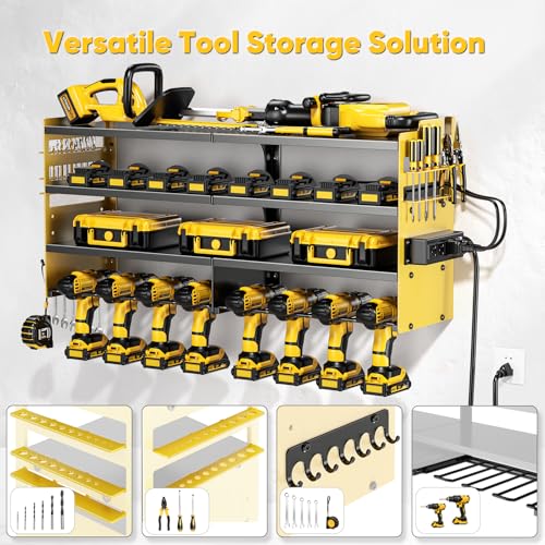 Image of POKIPO Large Power Tool Organizer Wall Mount with Charging Station,4 Layer Heavy Duty Metal Storage Rack Loads 600lbs with 8 Cordless Drill Holder,Battery Utility Rack Gift for Garage workshops Room