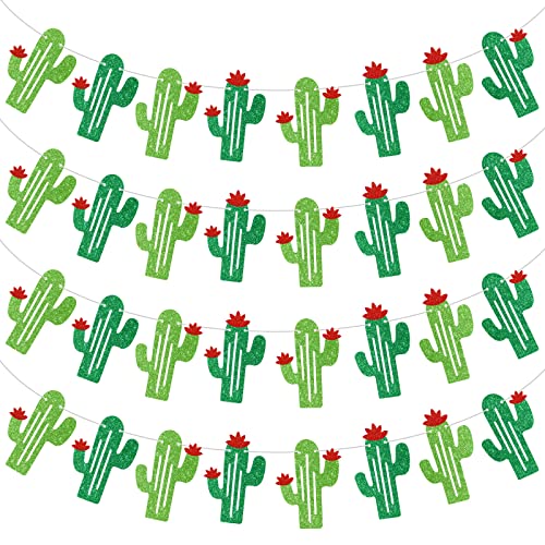Lewtemi 4 Pcs Cactus Banner Garland, Green Glittery Fiesta Banner Mexican Fiesta Themed Party Decorations for Birthday Party Supplies Cinco De Mayo Home Classroom Decor