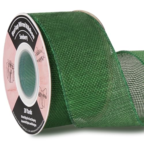 Burlap Wired Ribbon 2-1/2 Inch x 10 Yards Solid Wired Edge Ribbon for Big Bows, Wreaths, Outdoor Decoration, Gift Wrapping, Fall Crafts, Flower Bouquets, Garland (Green)